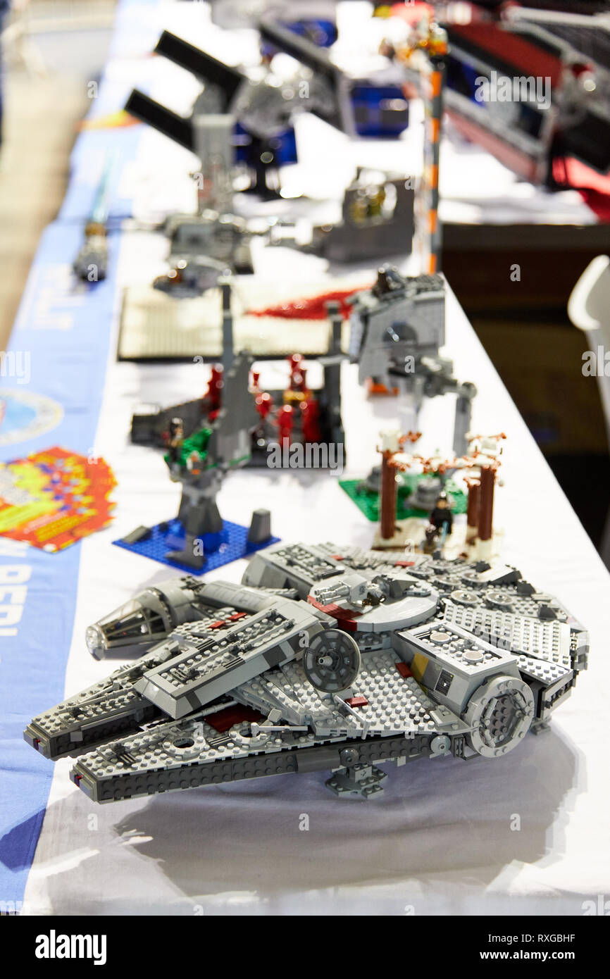 Milan, Italy - March 8 2019 Cartoomics Comic Con Star Wars Halcon Millenium made with Lego Stock Photo