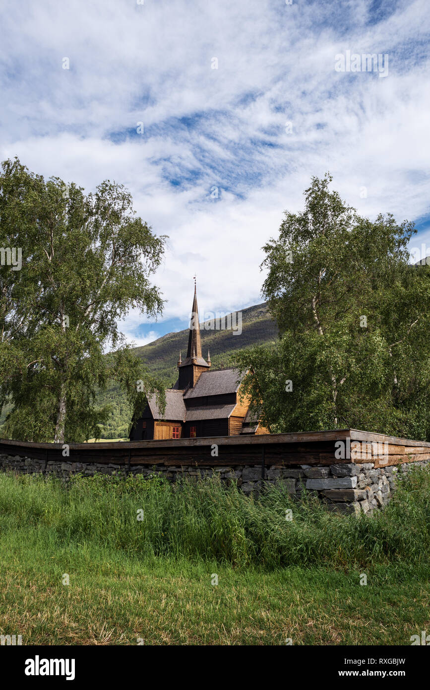 Lomskyrkja - the church in Lom. Scandinavian wooden architecture. Wonderful tourist attraction of Norway Stock Photo