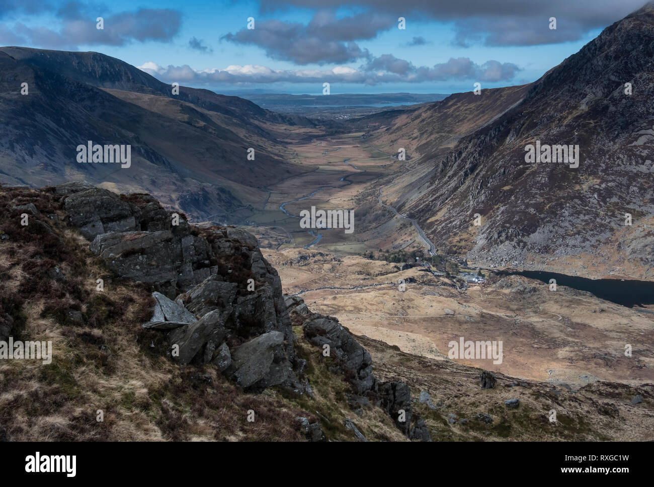 The Ogwen Valley & Nant Ffrancon from Y Gribin, Snowdonia National Park, North Wales, UK Stock Photo