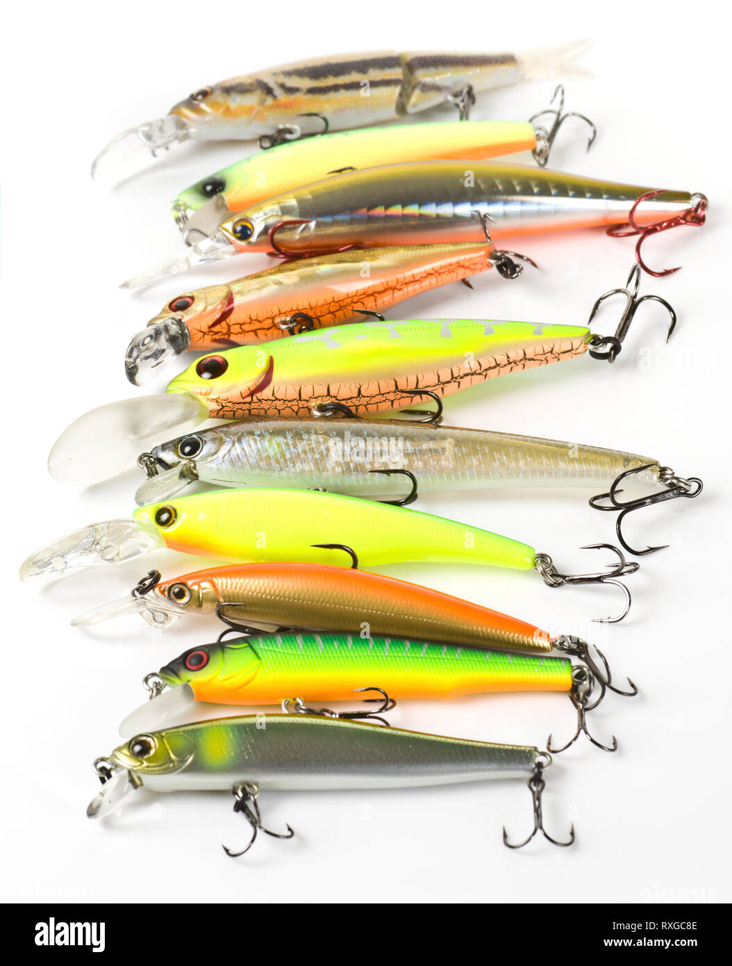 Plastic fishing lures forming a row,  shot with 100/2.8 Macro prime lens Stock Photo