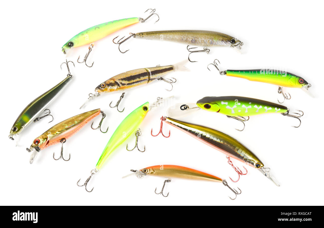 Set of plastic fishing baits shot on white with smooth shadows Stock Photo