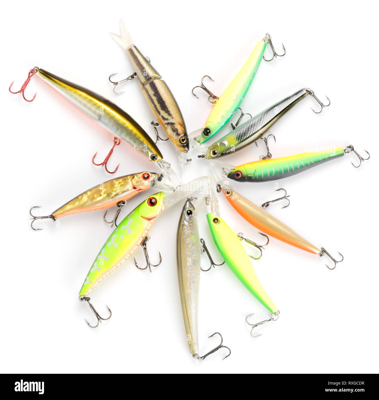 Plastic fishing lures forming a circle, high angle view Stock Photo