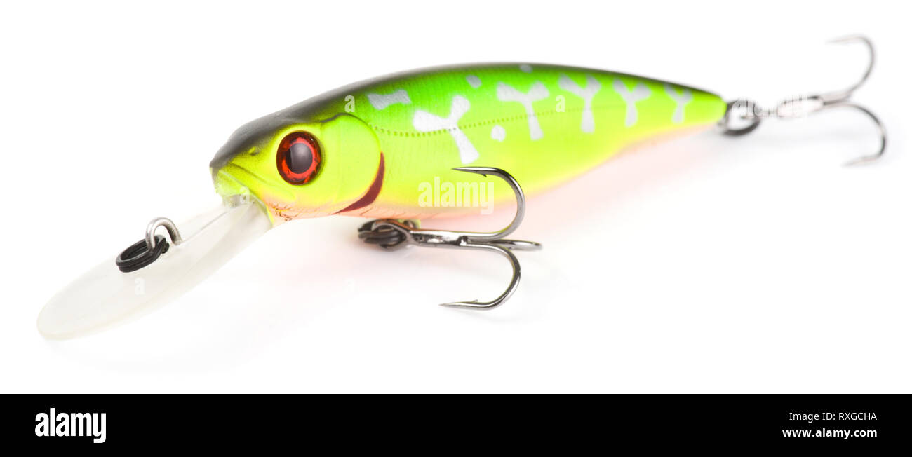 Acid green plastic fishing lure (wobbler) isolated on white with soft shadow Stock Photo
