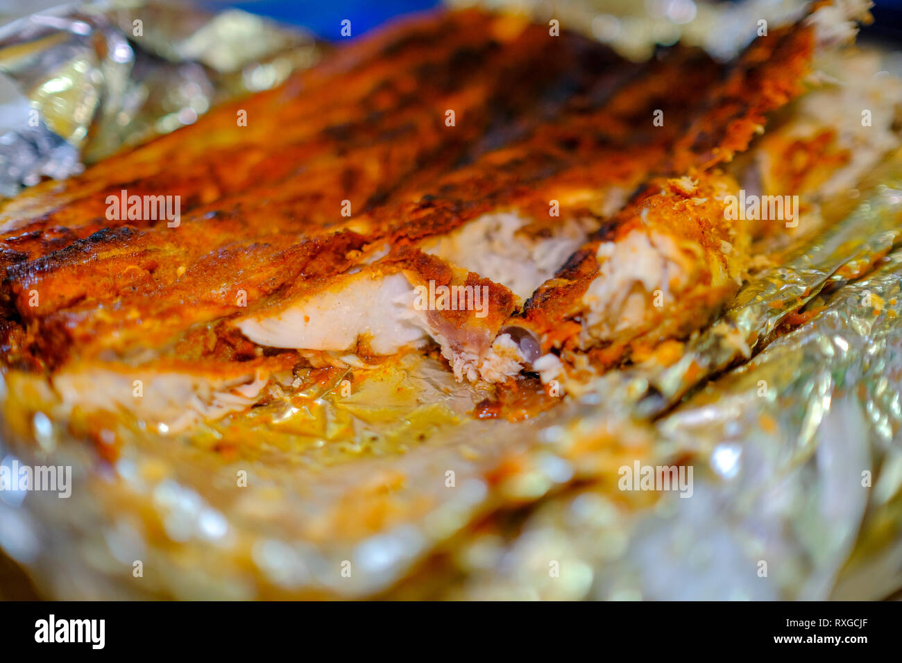 Detail shot of a grilled fish Stock Photo