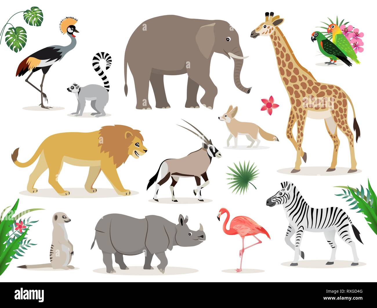 Set of cute African animals icons isolated on white background, crowned crane, lemur, elephant, giraffe, lion, antelope, zebra, suricate, rhinoceros Stock Vector