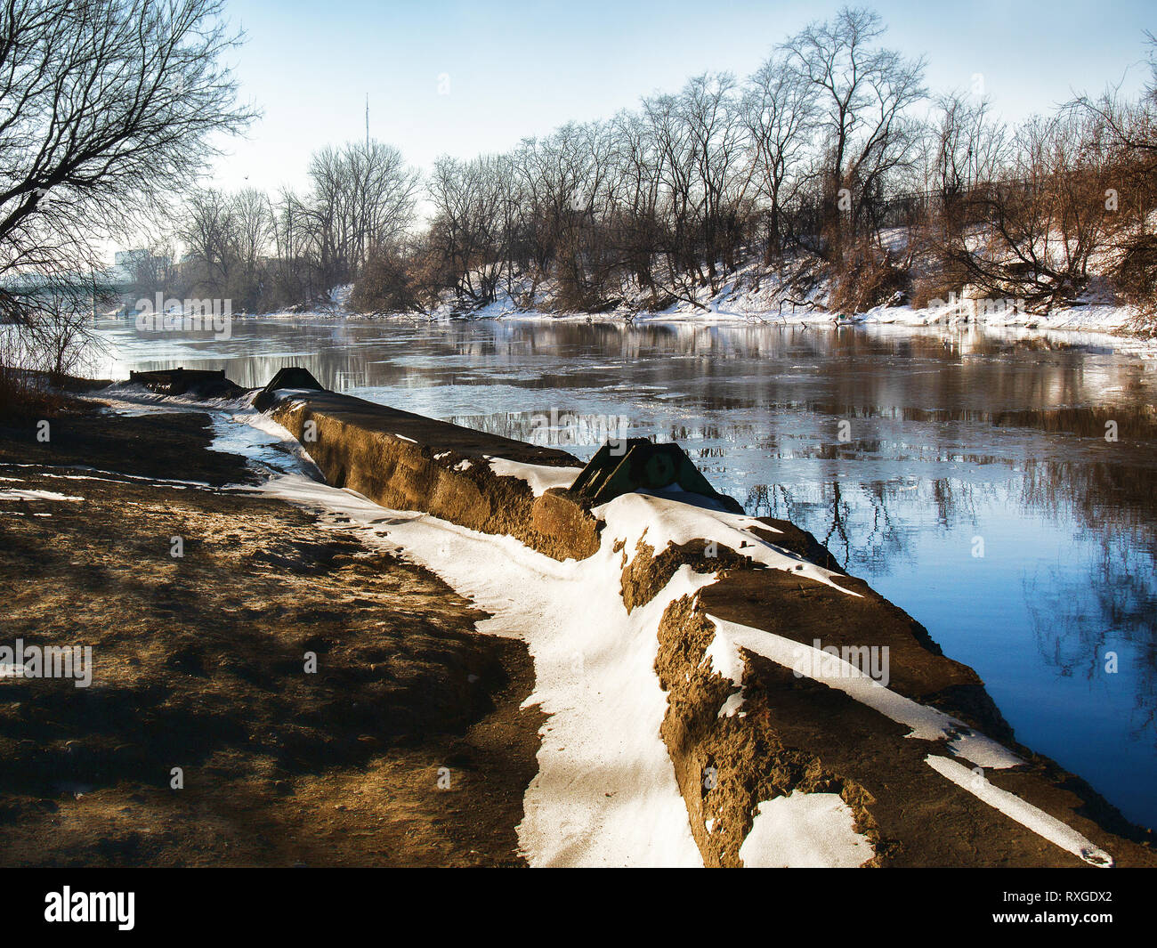 The Onondaga Creek in Syracuse , New York, an outlet of Onondaga Lake leading into downtown Syracuse in the far distance Stock Photo