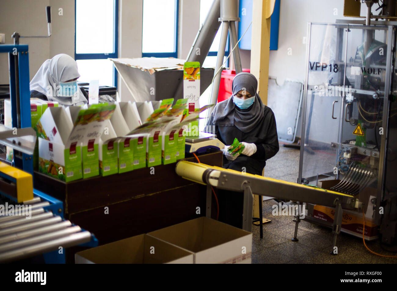 Palestinian women are seen working at a coffee factory in the northern Gaza Strip after the International Women's Day celebrations on 8 March. Stock Photo