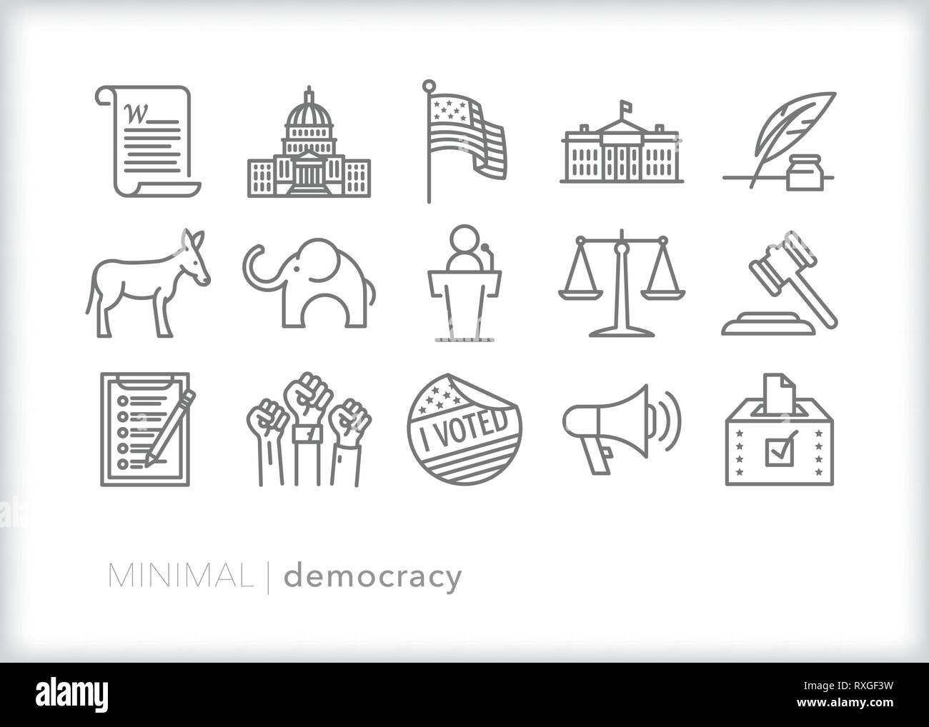 Set of 15 democracy line icons showing common themes in a two-party political democracy such as the United States Stock Vector