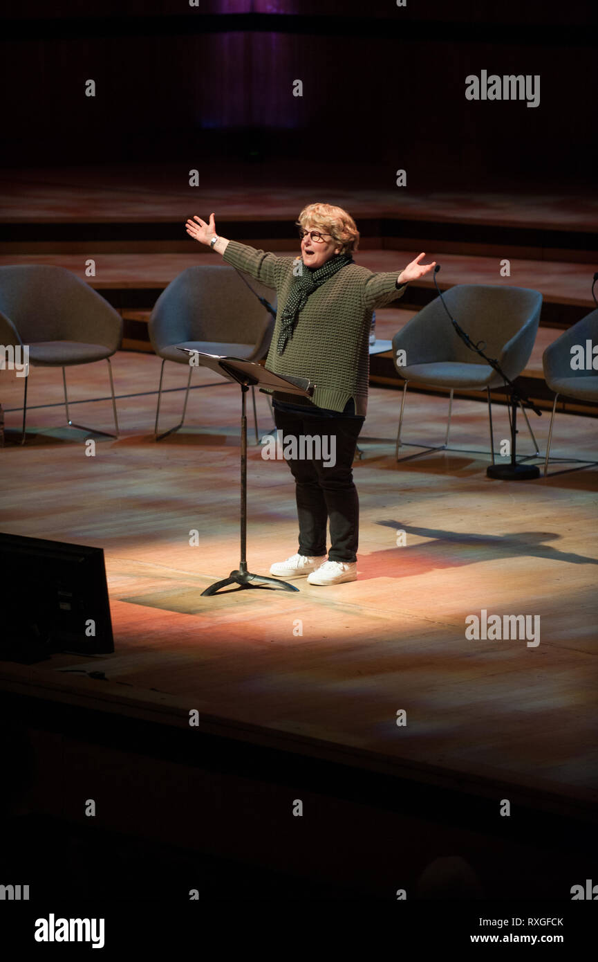 Sandy Toksvig Seen speaking during the Women of the world festival.  Sandy Arrives on stage with sounds of a Dancing Queen, dancing away like Theresa May at Southbank in London. Stock Photo