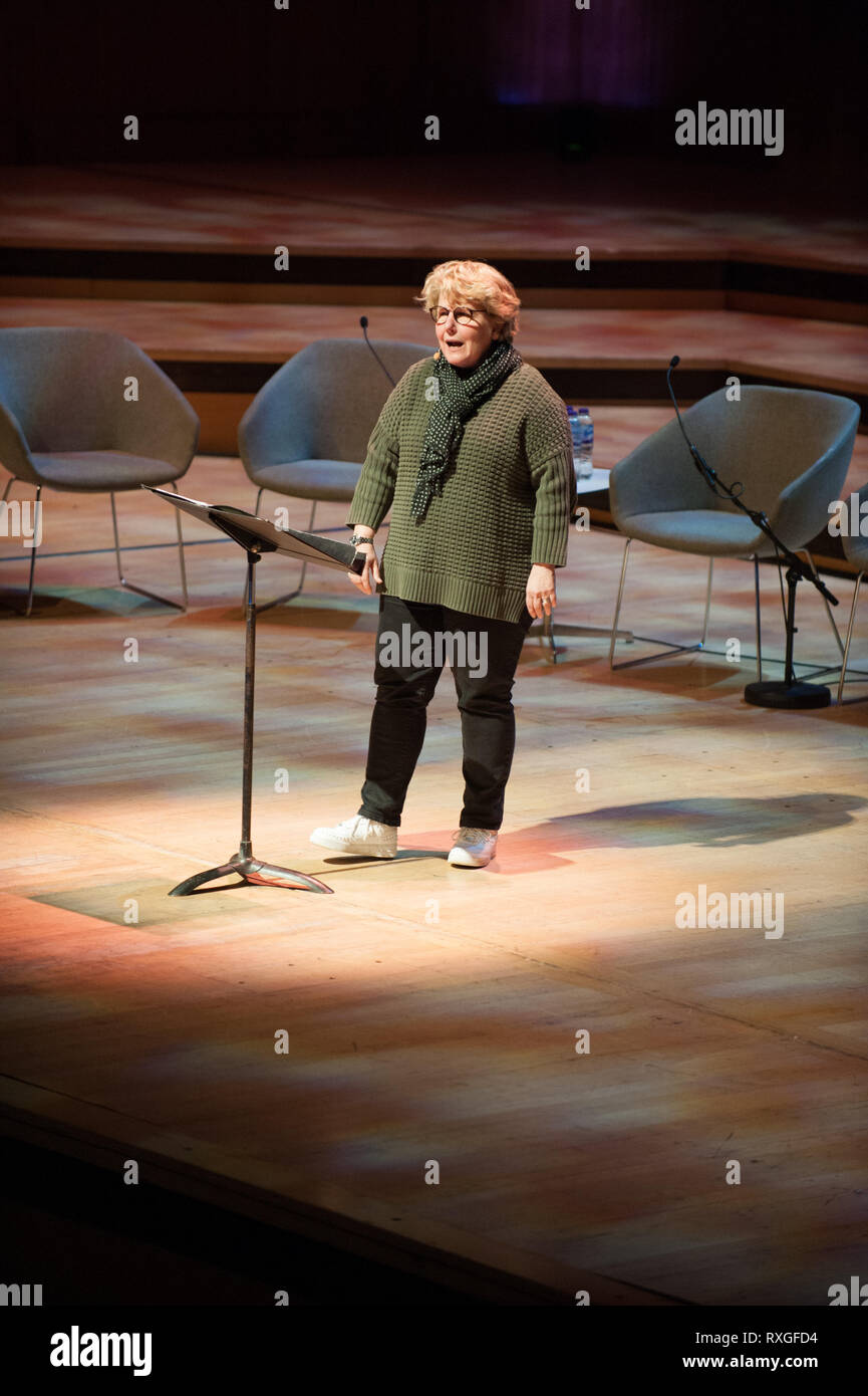 Sandy Toksvig Seen speaking during the Women of the world festival.  Sandy Arrives on stage with sounds of a Dancing Queen, dancing away like Theresa May at Southbank in London. Stock Photo