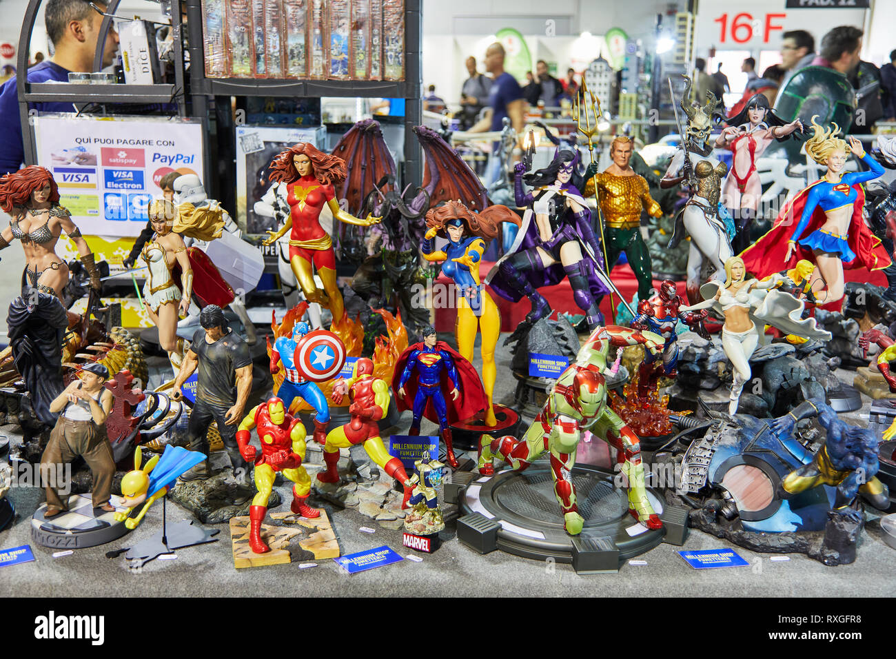 Milan, Italy - March 8 2019 Cartoomics Comic Con Figurines collection and action  figures at sale by expositors Stock Photo - Alamy