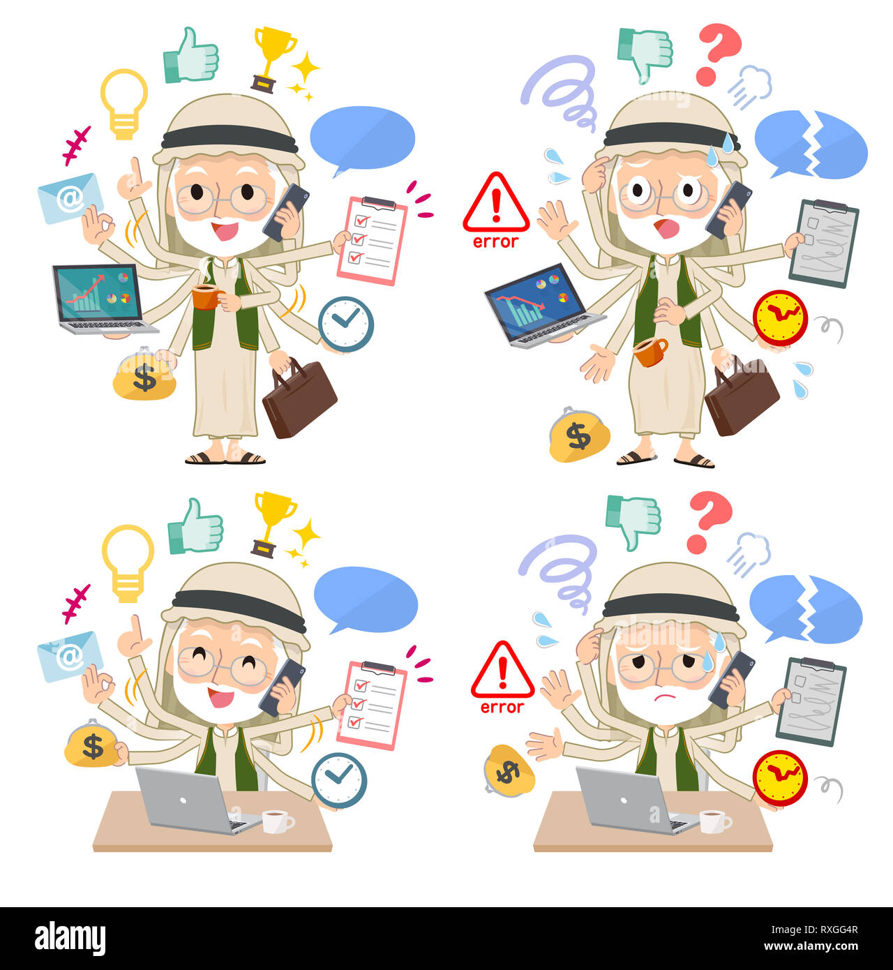 A set of Arabian old men who perform multitasking in the office.There are things to do smoothly and a pattern that is in a panic.It's vector art so it Stock Photo
