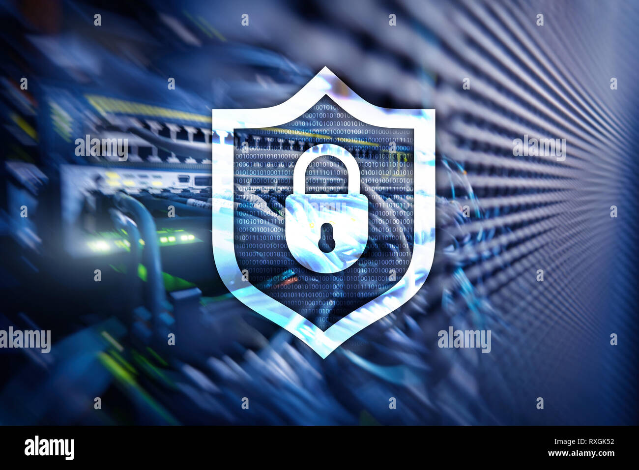 Cyber protection shield icon on server room background. Information ...