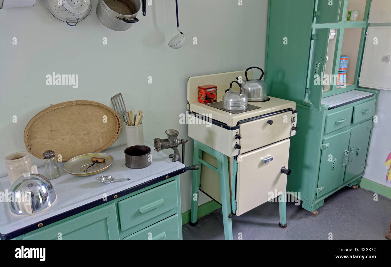 An old kitchen in a house in the Highland Folk Museum at Newtonmore, Scotland. It is interpreted for the 1950s. Stock Photo