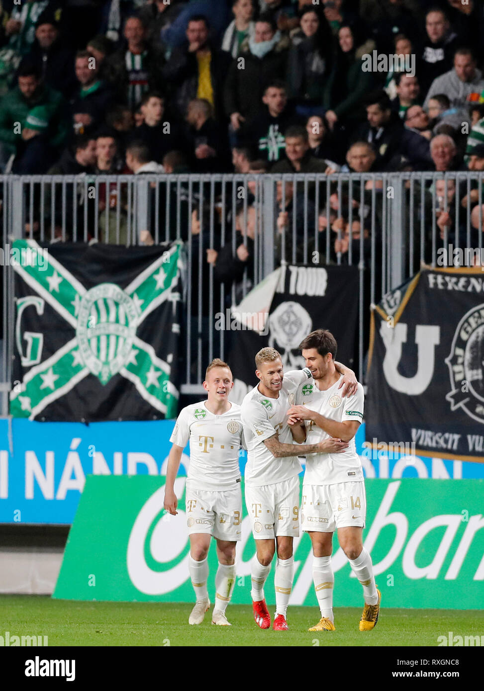 BUDAPEST, HUNGARY - MAY 12: (r-l) Leandro De Almeida 'Leo' of Ferencvarosi  TC celebrates the goal with Roland Varga of Ferencvarosi TC during the  Hungarian OTP Bank Liga match between Ferencvarosi TC