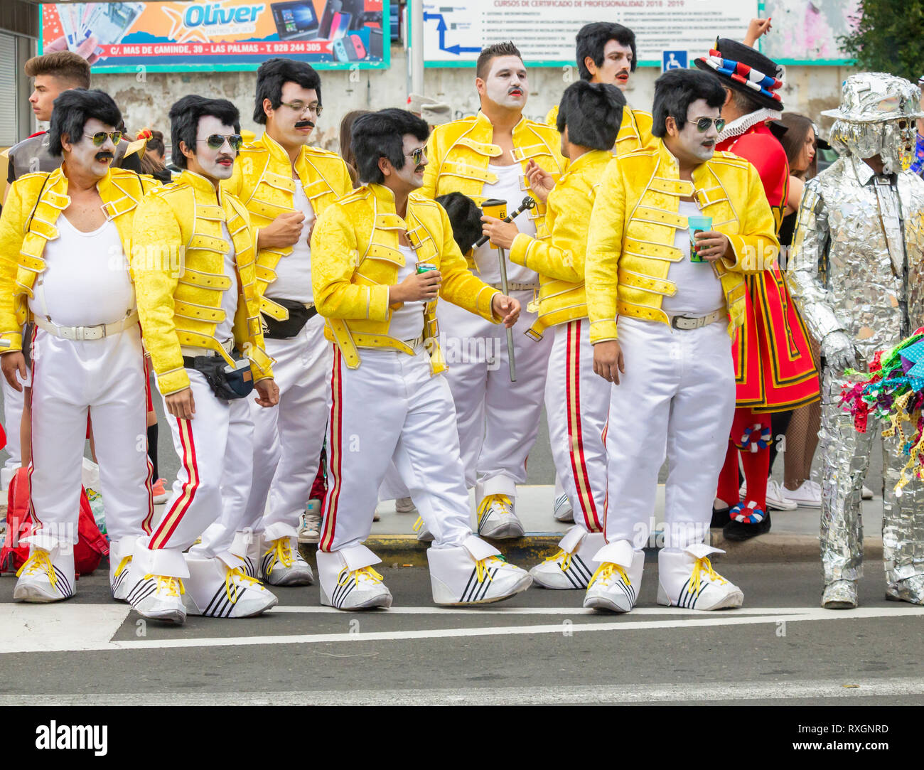 Las Palmas, Gran Canaria, Canary Islands, Spain. 9th March, 2019. Freddie  Mercury tribute as the month long carnival in Las Palmas on Gran Canaria  ends with a huge street parade through the