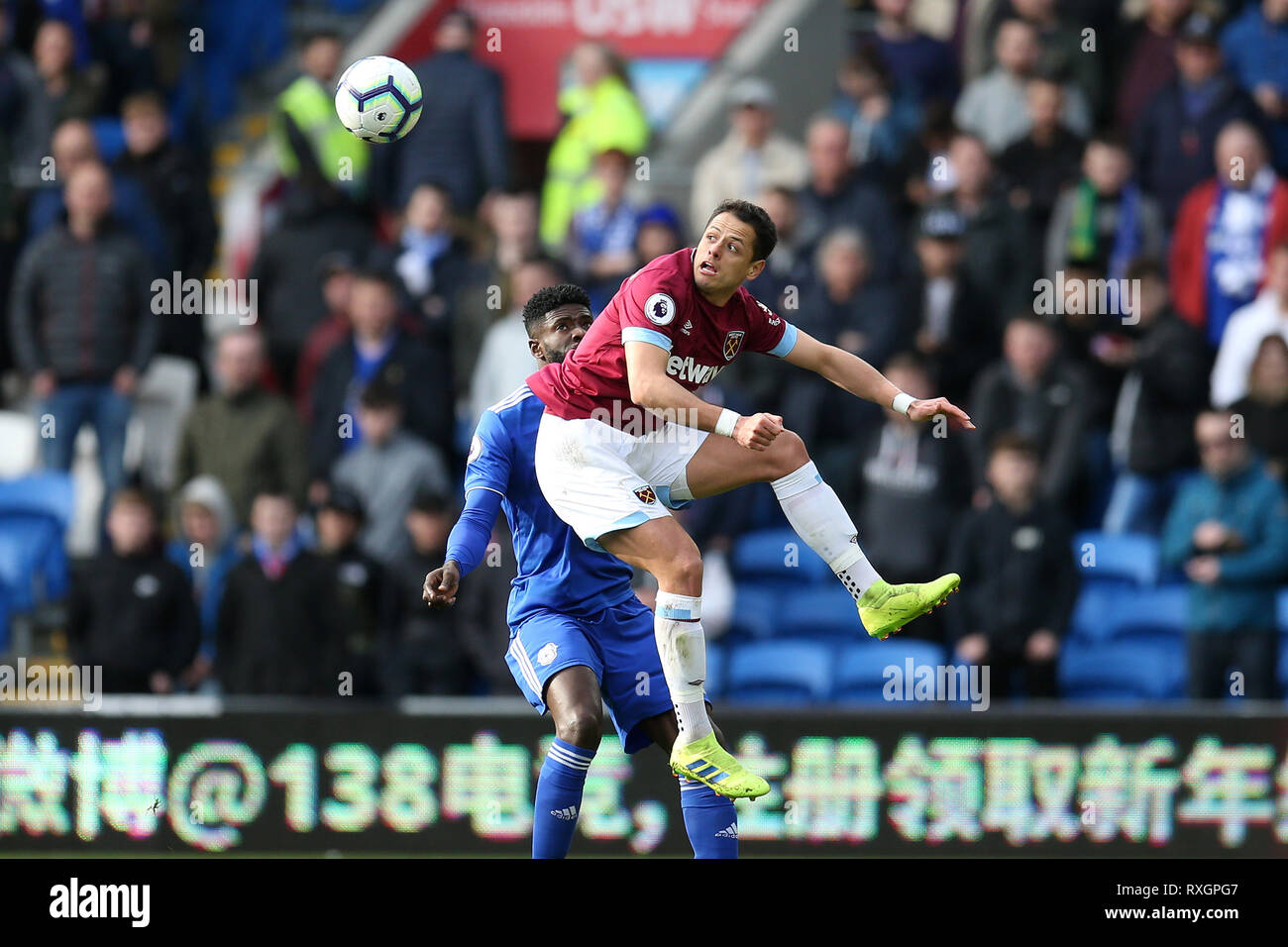 Cardiff, UK. 9th March 2019. Javier Hernandez 'Chicharito'  of West Ham United in action. Premier League match, Cardiff City v West Ham Utd at the Cardiff City Stadium on Sat 9th March 2019.  this image may only be used for Editorial purposes. Editorial use only, license required for commercial use. No use in betting, games or a single club/league/player publications.  pic by  Andrew Orchard/Andrew Orchard sports photography/Alamy Live news Stock Photo
