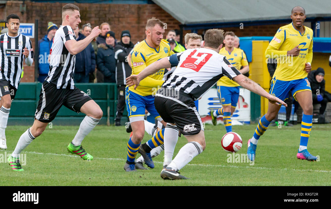 Cheshire, UK. 9th March 2019.  Warrington Town Football Club relinquish their lead in the Evo-Stik Northern Premier League Premier Division when they hosted lowly Stafford Rangers FC at the Winner Recruitment Stadium (also known as Cantilever Park) in Warrington, Cheshire, England, UK. Stafford won the match by two goals to three Credit: John Hopkins/Alamy Live News Stock Photo