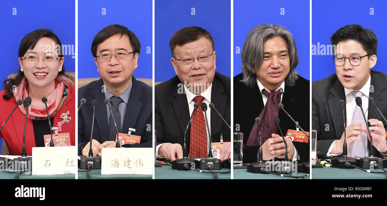 Beijing, China. 10th Mar, 2019. Combo photo shows Lai Ming (C), Wu Weishan (2nd R), Pan Jianwei (2nd L), Kenneth Fok Kai-kong (1st R) and Shi Hong (1st L), members of the 13th National Committee of the Chinese People's Political Consultative Conference (CPPCC), attending a press conference on political advisors' performance of duties in the new era for the second session of the 13th CPPCC National Committee in Beijing, capital of China, March 10, 2019. Credit: Li Ran/Xinhua/Alamy Live News Stock Photo