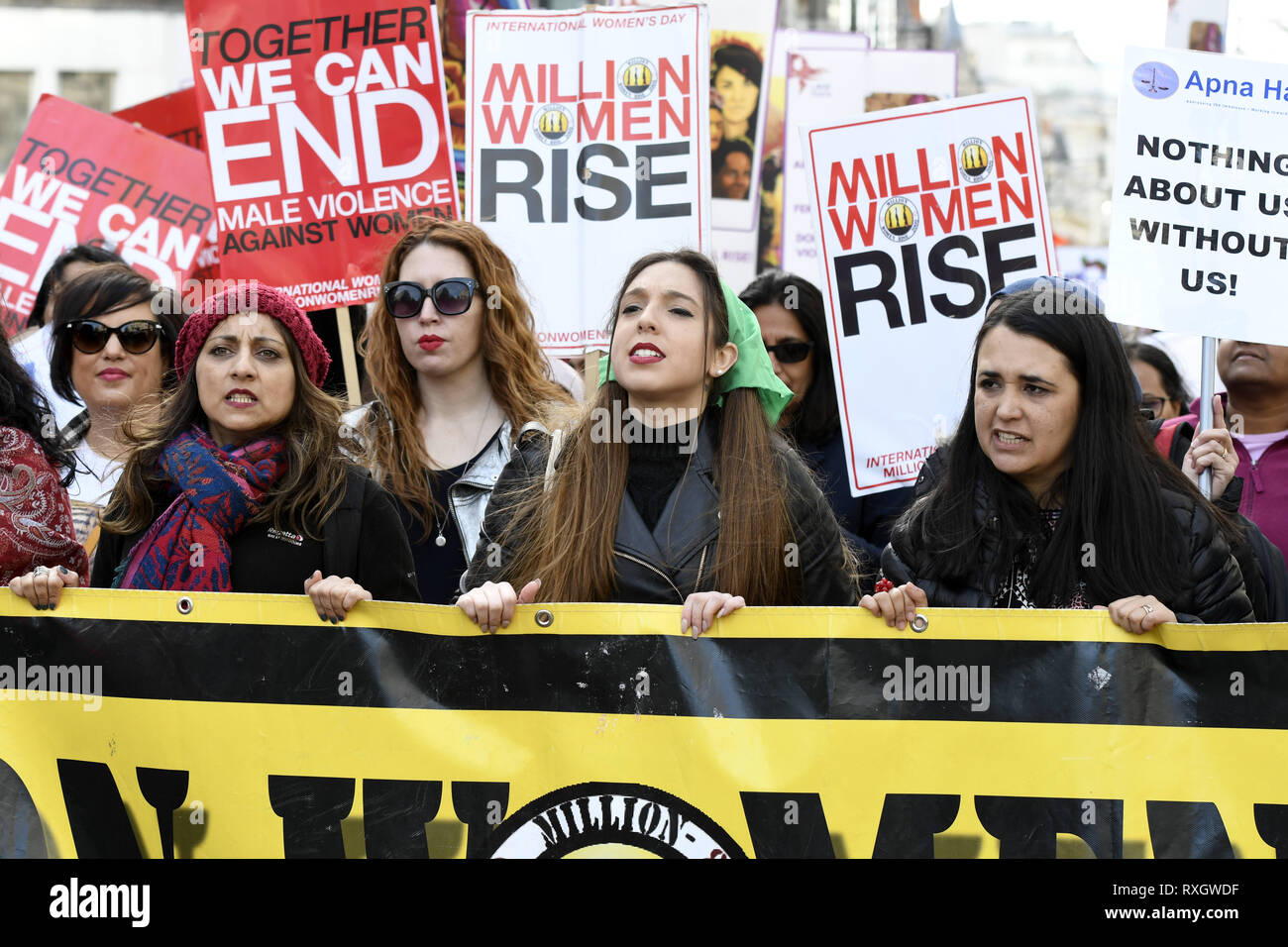 London, Greater London, UK. 9th Mar, 2019. A large banner seen at the front of the march during the Million women's rise march in London.Thousands of women marched through central London to a rally in Trafalgar Square in London demanding freedom and justice and the end of male violence against them. ''˜Never Forgotten' was the theme for this year's march and participants commemorated the lives of girls and women who have been killed by mens's violence. Credit: Andres Pantoja/SOPA Images/ZUMA Wire/Alamy Live News Stock Photo