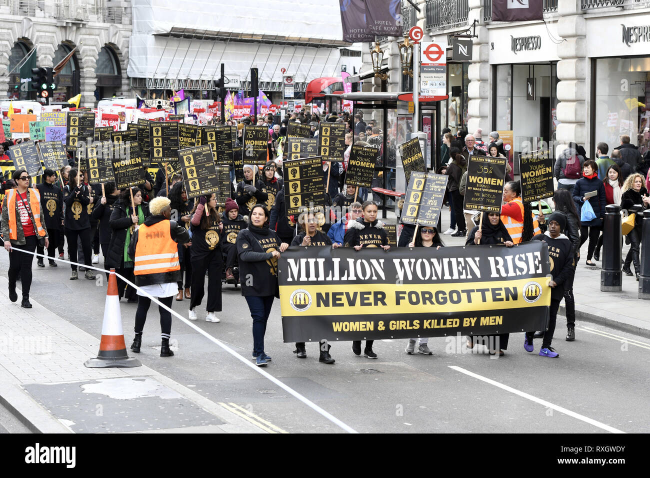 London, Greater London, UK. 9th Mar, 2019. A large banner seen at the front of the march during the Million women's rise march in London.Thousands of women marched through central London to a rally in Trafalgar Square in London demanding freedom and justice and the end of male violence against them. ''˜Never Forgotten' was the theme for this year's march and participants commemorated the lives of girls and women who have been killed by mens's violence. Credit: Andres Pantoja/SOPA Images/ZUMA Wire/Alamy Live News Stock Photo