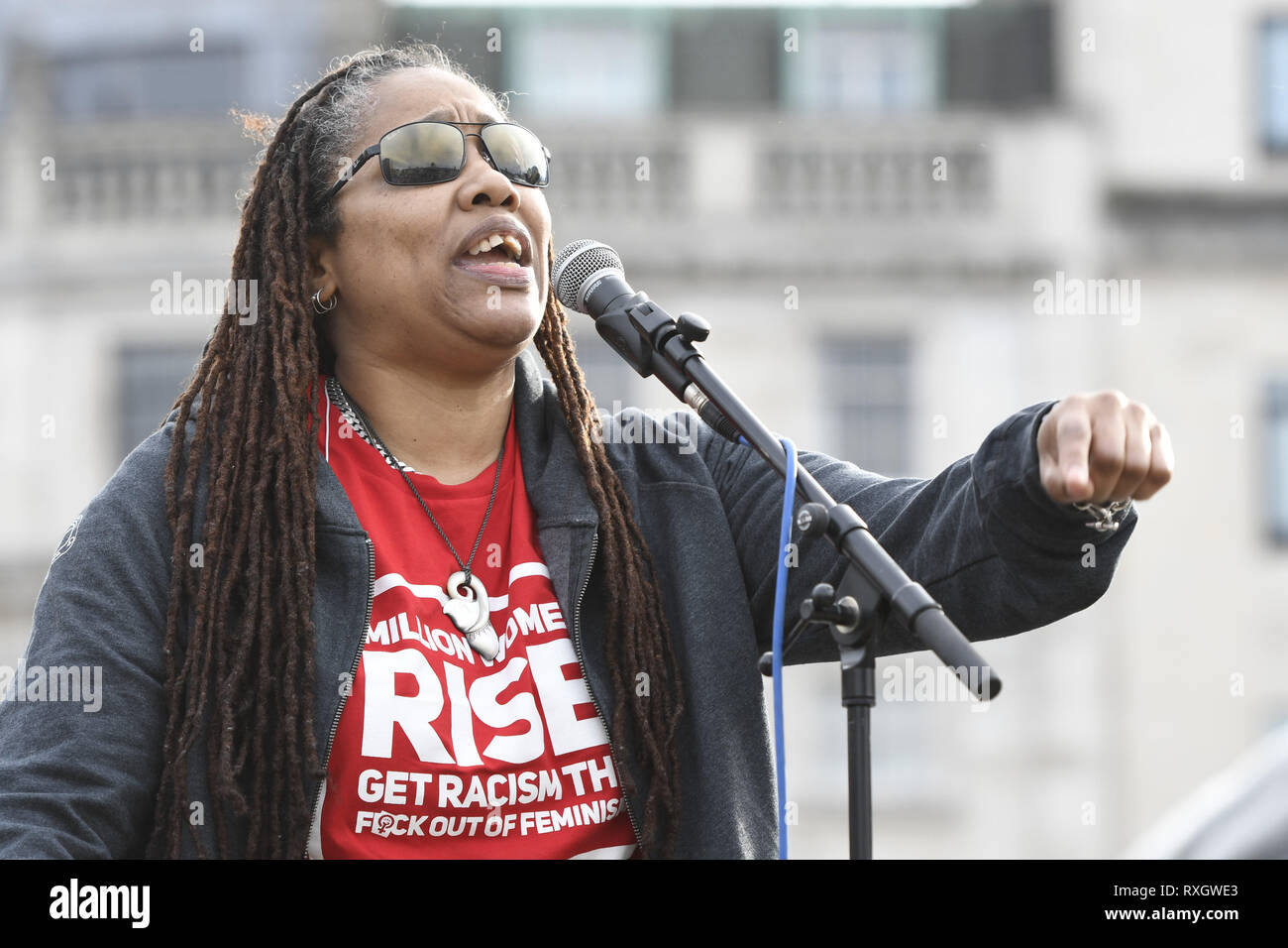 London, Greater London, UK. 9th Mar, 2019. Speaker gave a passionate speech to protesters at the Million women's rise rally in London.Thousands of women marched through central London to a rally in Trafalgar Square in London demanding freedom and justice and the end of male violence against them. ''˜Never Forgotten' was the theme for this year's march and participants commemorated the lives of girls and women who have been killed by mens's violence. Credit: Andres Pantoja/SOPA Images/ZUMA Wire/Alamy Live News Stock Photo