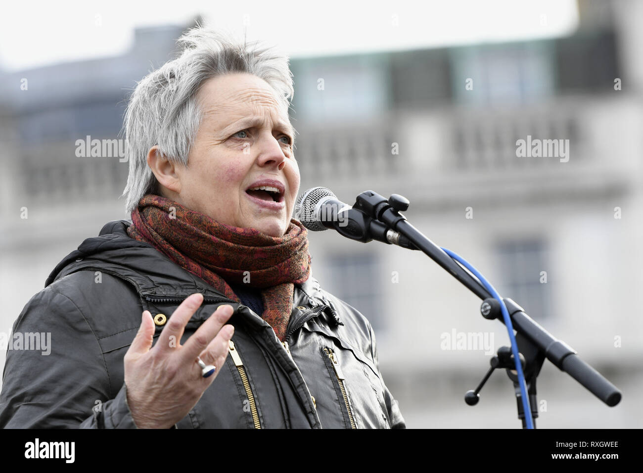 London, Greater London, UK. 9th Mar, 2019. Speaker gave a passionate speech to protesters at the Million women's rise rally in London.Thousands of women marched through central London to a rally in Trafalgar Square in London demanding freedom and justice and the end of male violence against them. ''˜Never Forgotten' was the theme for this year's march and participants commemorated the lives of girls and women who have been killed by mens's violence. Credit: Andres Pantoja/SOPA Images/ZUMA Wire/Alamy Live News Stock Photo