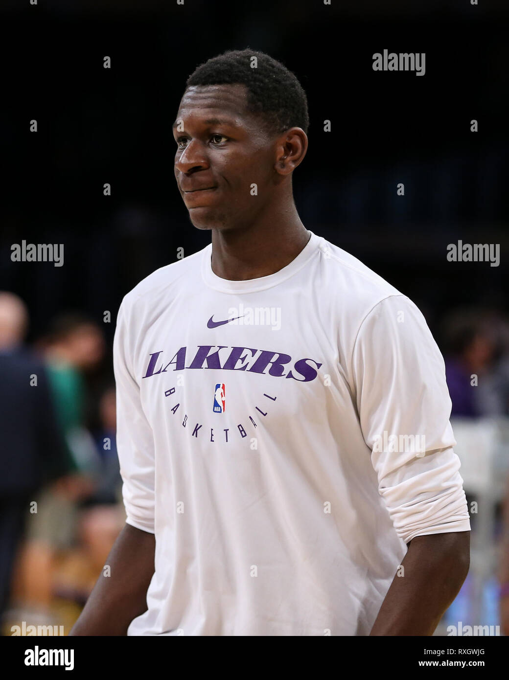 Los Angeles Lakers guard Isaac Bonga #17 during the Boston Celtics vs Los Angeles Lakers game at Staples Center in Los Angeles, CA on March 09, 2019. (Photo by Jevone Moore) Stock Photo