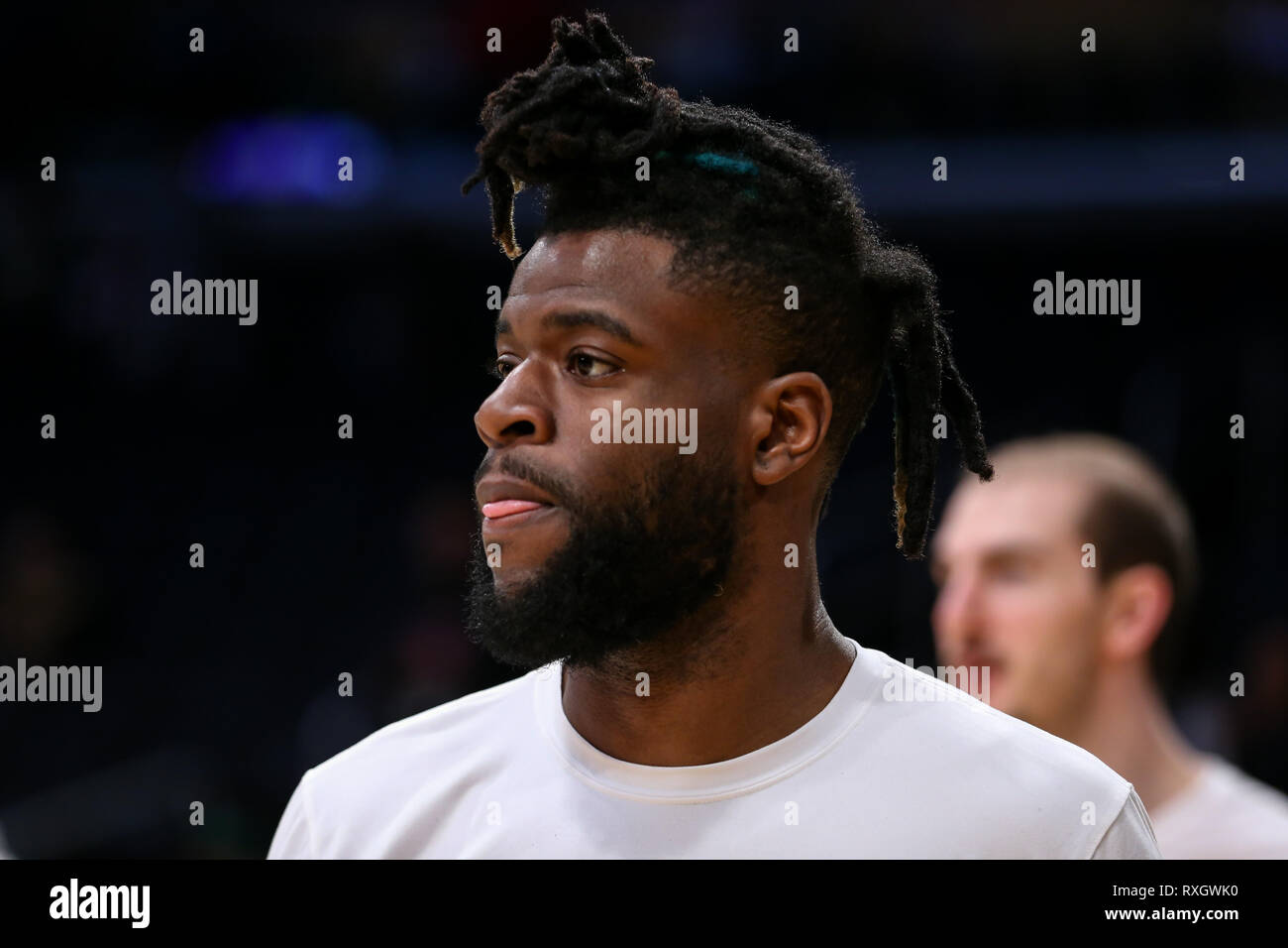 Los Angeles Lakers guard Reggie Bullock #35 during the Boston Celtics vs Los Angeles Lakers game at Staples Center in Los Angeles, CA on March 09, 2019. (Photo by Jevone Moore) Stock Photo