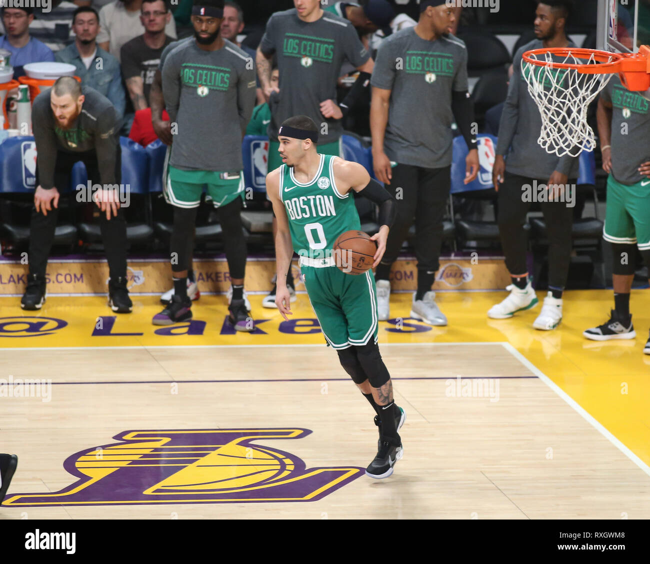 Boston Celtics forward Jayson Tatum #0 during the Boston Celtics vs Los Angeles Lakers game at Staples Center in Los Angeles, CA on March 09, 2019. (Photo by Jevone Moore) Stock Photo