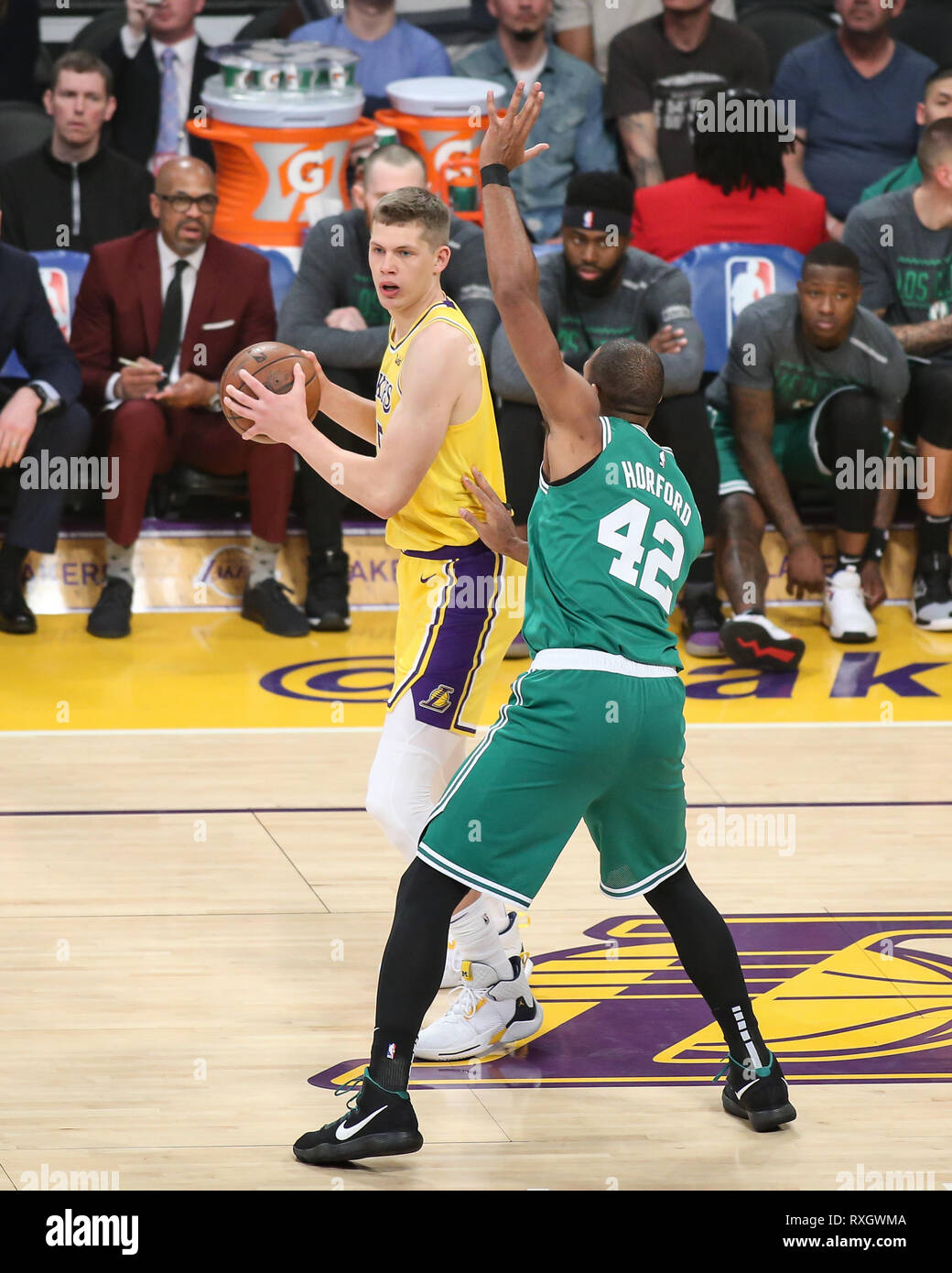 Los Angeles Lakers center Moritz Wagner #15 during the Boston Celtics vs Los Angeles Lakers game at Staples Center in Los Angeles, CA on March 09, 2019. (Photo by Jevone Moore) Stock Photo
