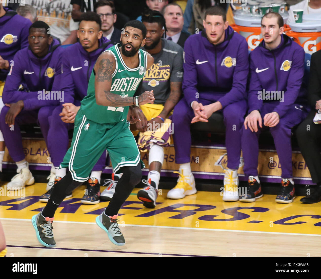 Boston Celtics guard Kyrie Irving #11 during the Boston Celtics vs Los Angeles Lakers game at Staples Center in Los Angeles, CA on March 09, 2019. (Photo by Jevone Moore) Stock Photo