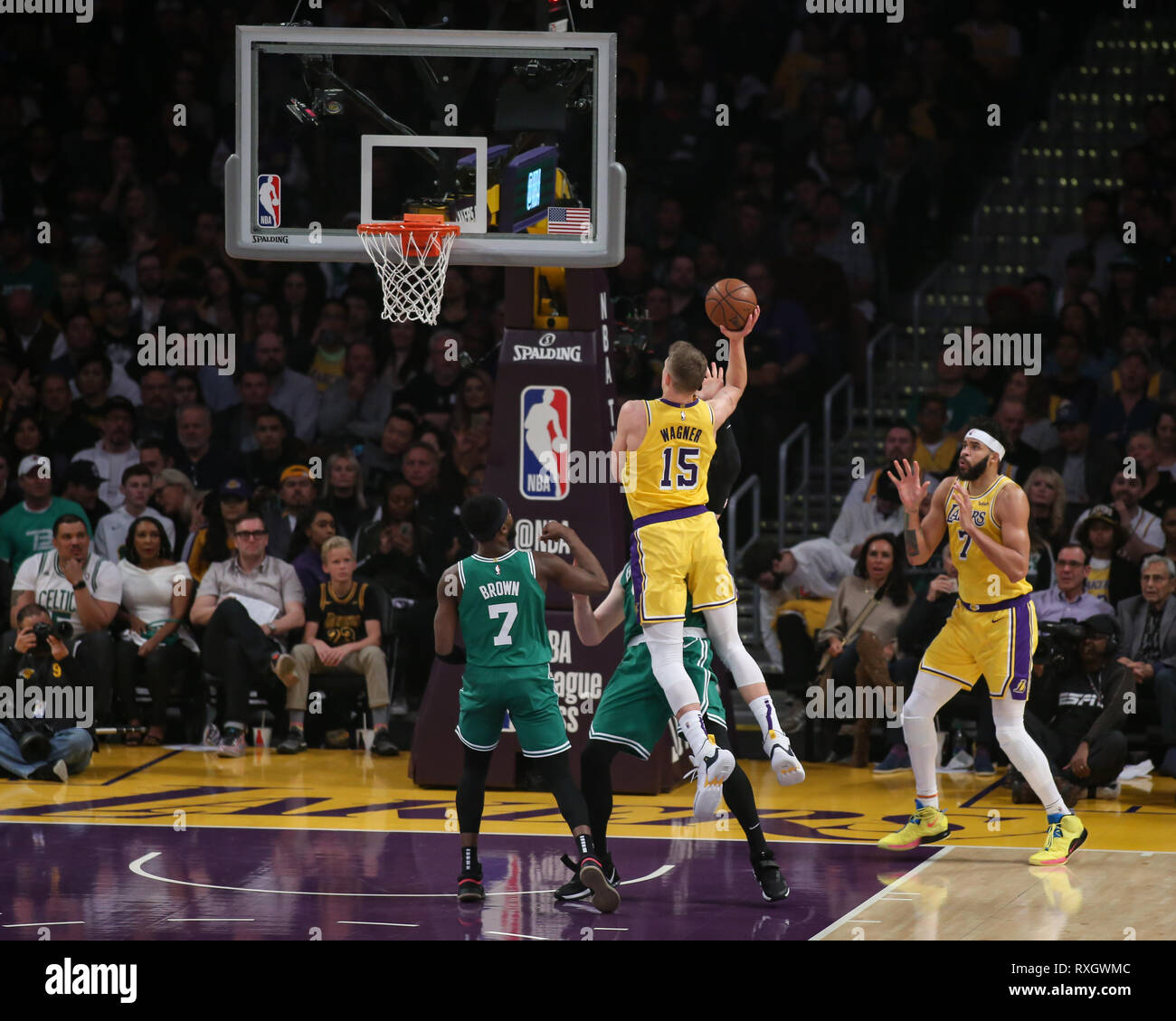 Los Angeles Lakers center Moritz Wagner #15 shooting a flooter during the Boston Celtics vs Los Angeles Lakers game at Staples Center in Los Angeles, CA on March 09, 2019. (Photo by Jevone Moore) Stock Photo