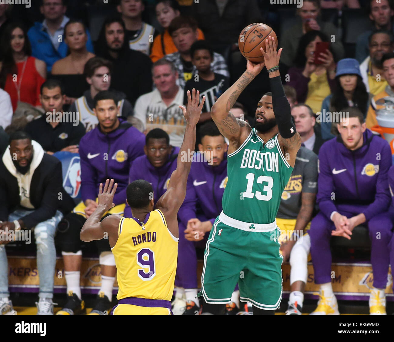 Boston Celtics forward Marcus Morris #13 shoots during the Boston Celtics vs Los Angeles Lakers game at Staples Center in Los Angeles, CA on March 09, 2019. (Photo by Jevone Moore) Stock Photo