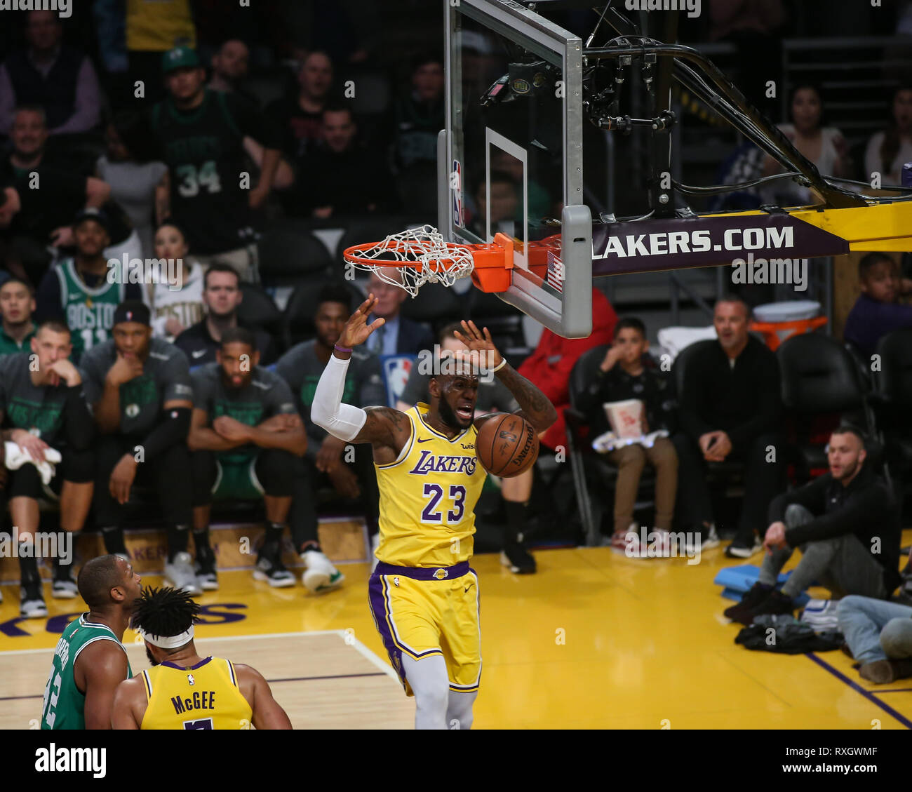 Los Angeles Lakers forward LeBron James #23 yells on a dunk during the Boston Celtics vs Los Angeles Lakers game at Staples Center in Los Angeles, CA on March 09, 2019. (Photo by Jevone Moore) Stock Photo