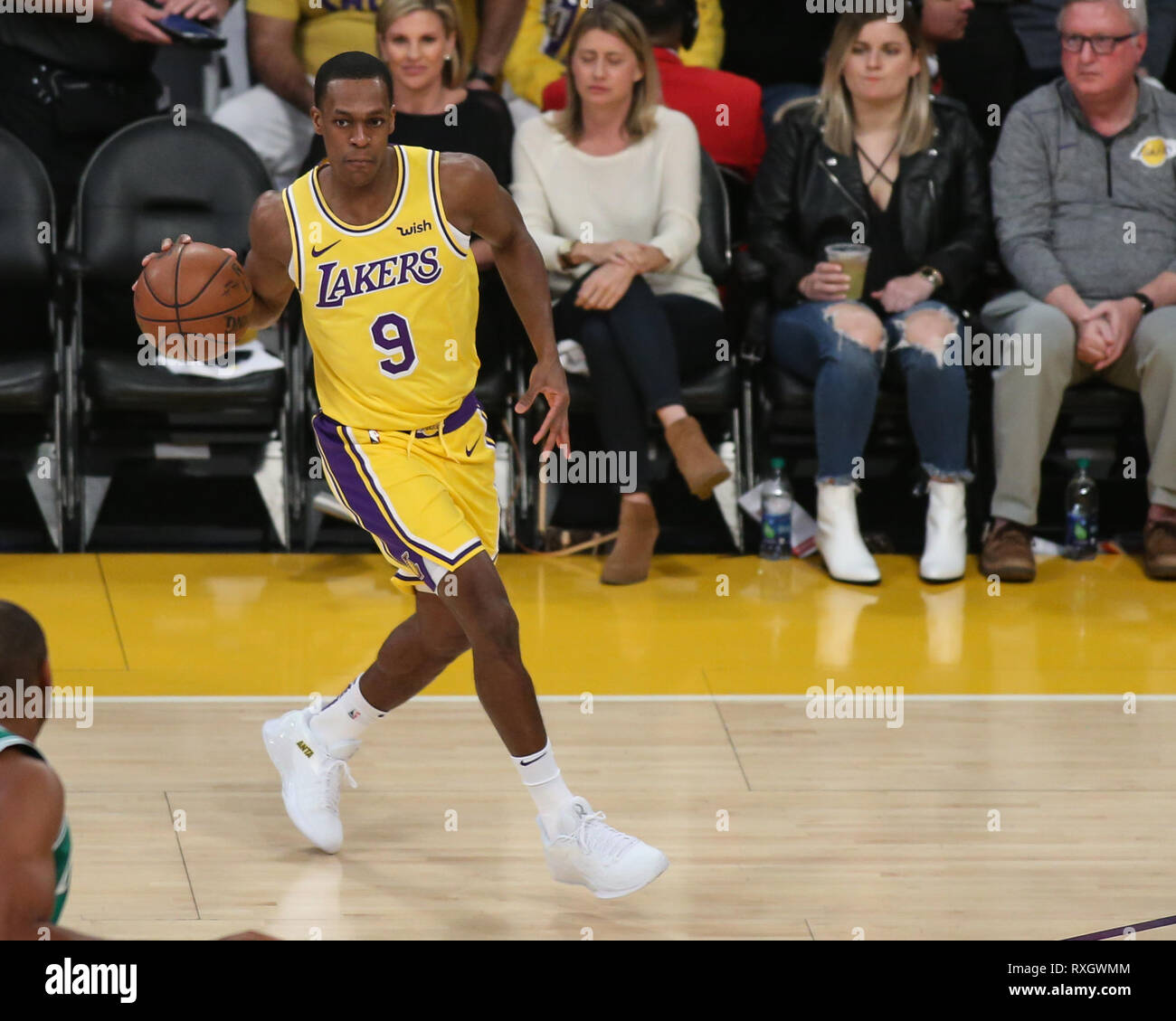 Los Angeles Lakers guard Rajon Rondo #9 during the Boston Celtics vs Los Angeles Lakers game at Staples Center in Los Angeles, CA on March 09, 2019. (Photo by Jevone Moore) Stock Photo