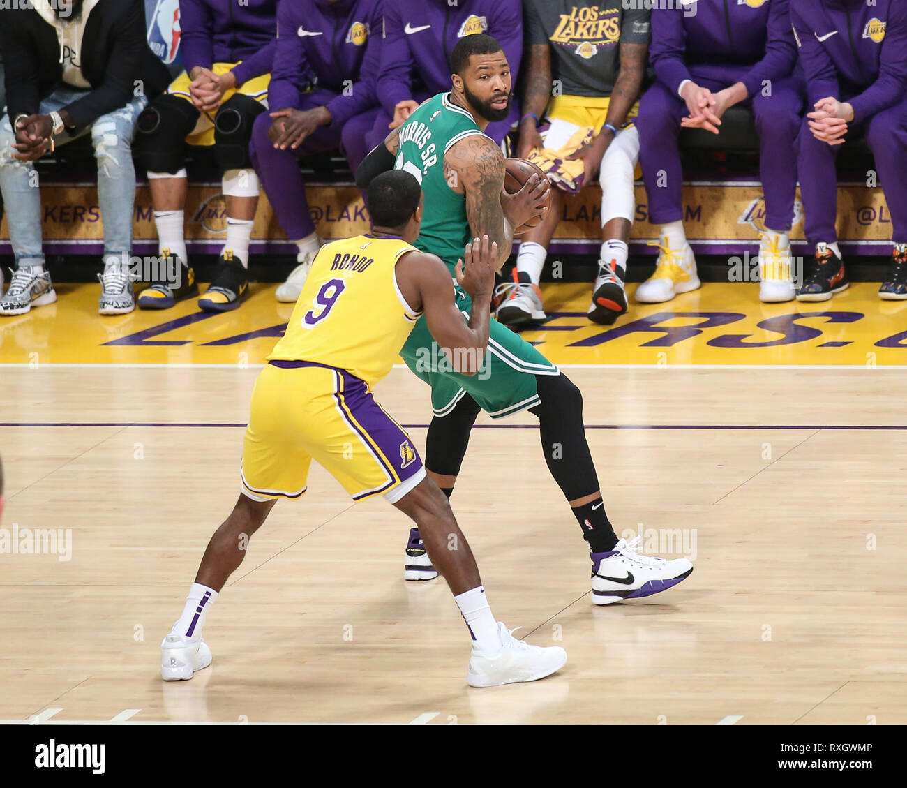 Boston Celtics forward Marcus Morris #13 during the Boston Celtics vs Los Angeles Lakers game at Staples Center in Los Angeles, CA on March 09, 2019. (Photo by Jevone Moore) Stock Photo