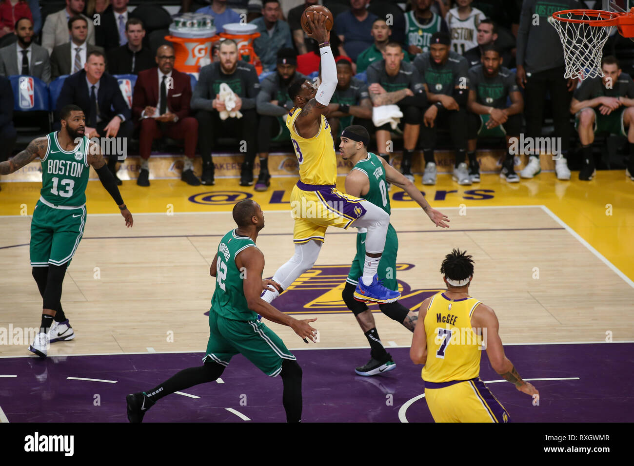 Los Angeles Lakers forward LeBron James #23 going in for a dunk during the Boston Celtics vs Los Angeles Lakers game at Staples Center in Los Angeles, CA on March 09, 2019. (Photo by Jevone Moore) Stock Photo