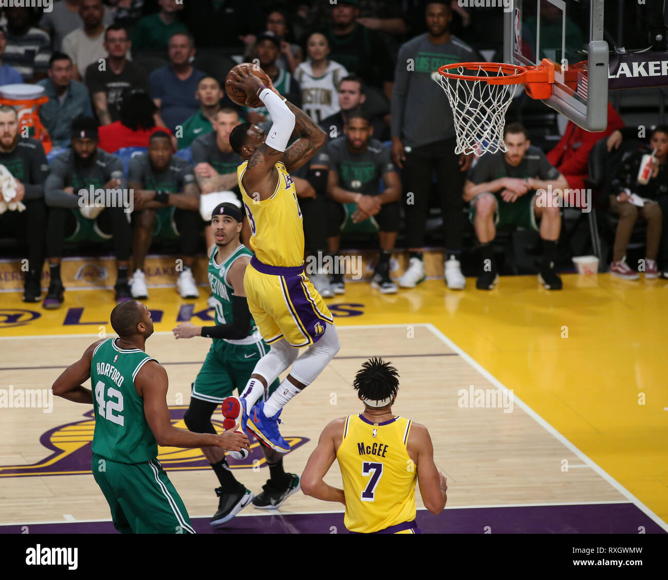 Los Angeles Lakers forward LeBron James #23 flying in for a dunk during the Boston Celtics vs Los Angeles Lakers game at Staples Center in Los Angeles, CA on March 09, 2019. (Photo by Jevone Moore) Stock Photo