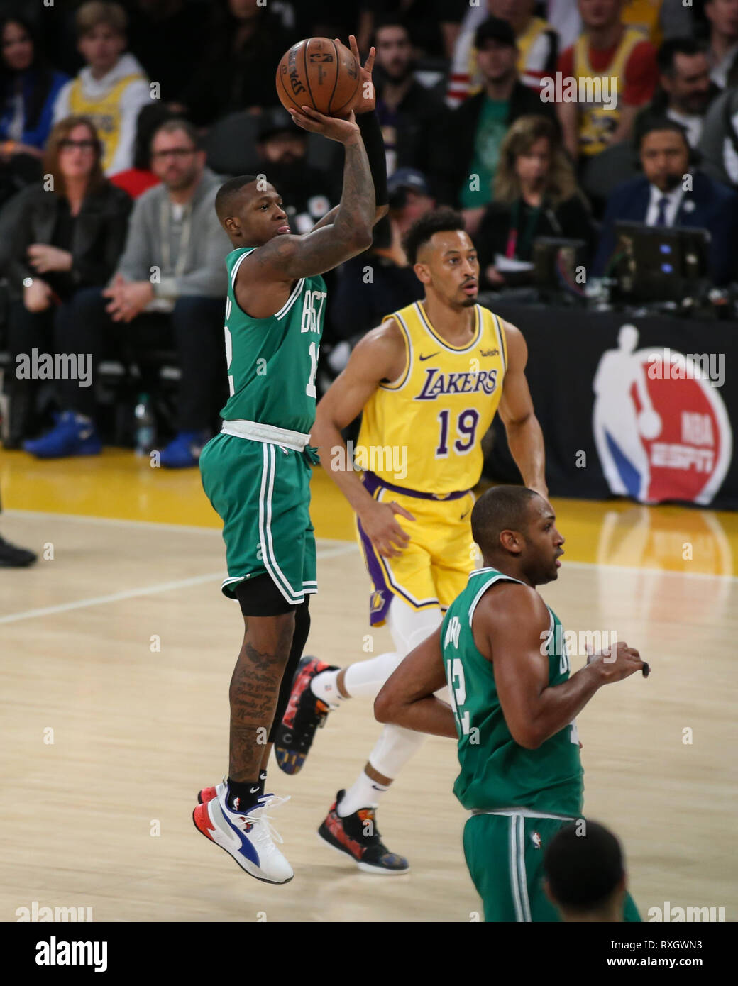 Boston Celtics guard Terry Rozier #12 shooting during the Boston Celtics vs Los Angeles Lakers game at Staples Center in Los Angeles, CA on March 09, 2019. (Photo by Jevone Moore) Stock Photo