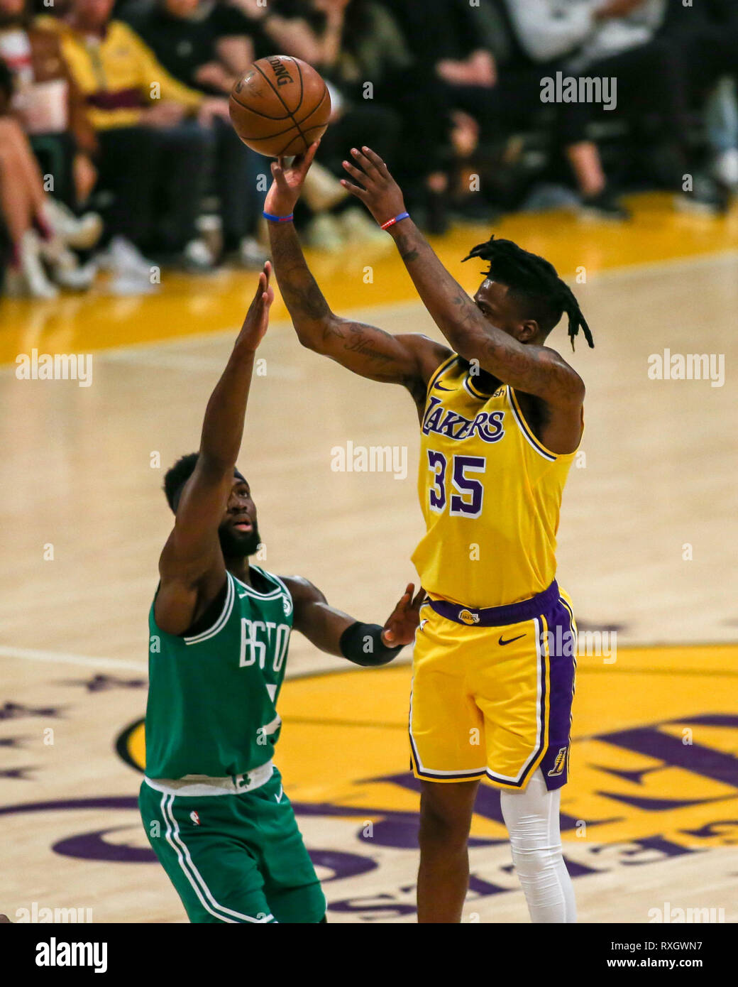 Los Angeles Lakers guard Reggie Bullock #35 during the Boston Celtics vs Los Angeles Lakers game at Staples Center in Los Angeles, CA on March 09, 2019. (Photo by Jevone Moore) Stock Photo
