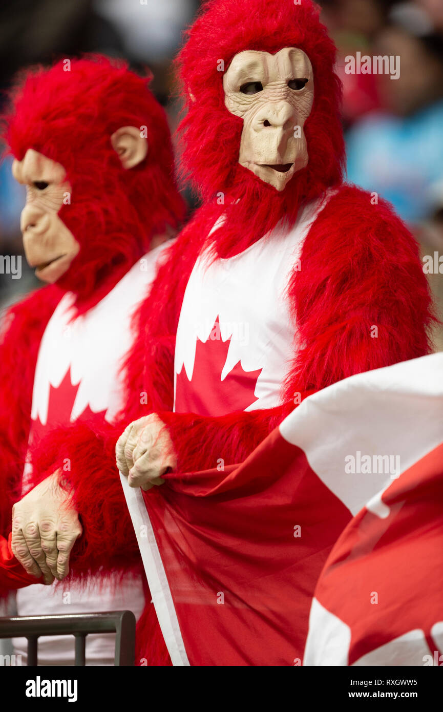 Sport Fans dressed in costumes. Stock Photo
