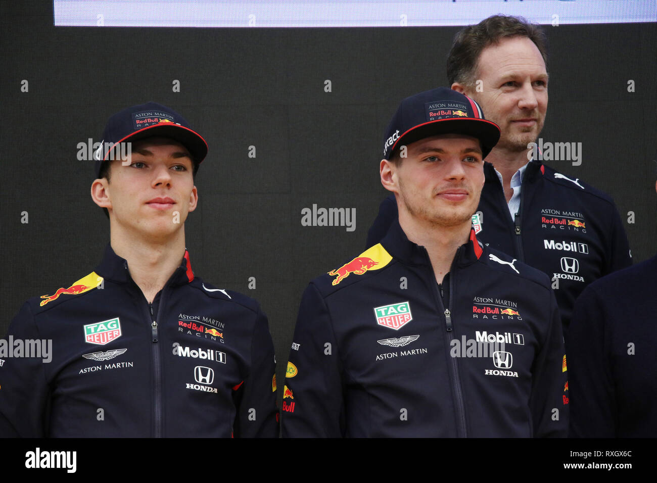 Tokyo, Japan. 9th Mar, (Front row) Red Bull Racing drivers Pierre Gasly and Max Verstappen Red Bull Racing leader Christian Horner pose for photo after their press conference of