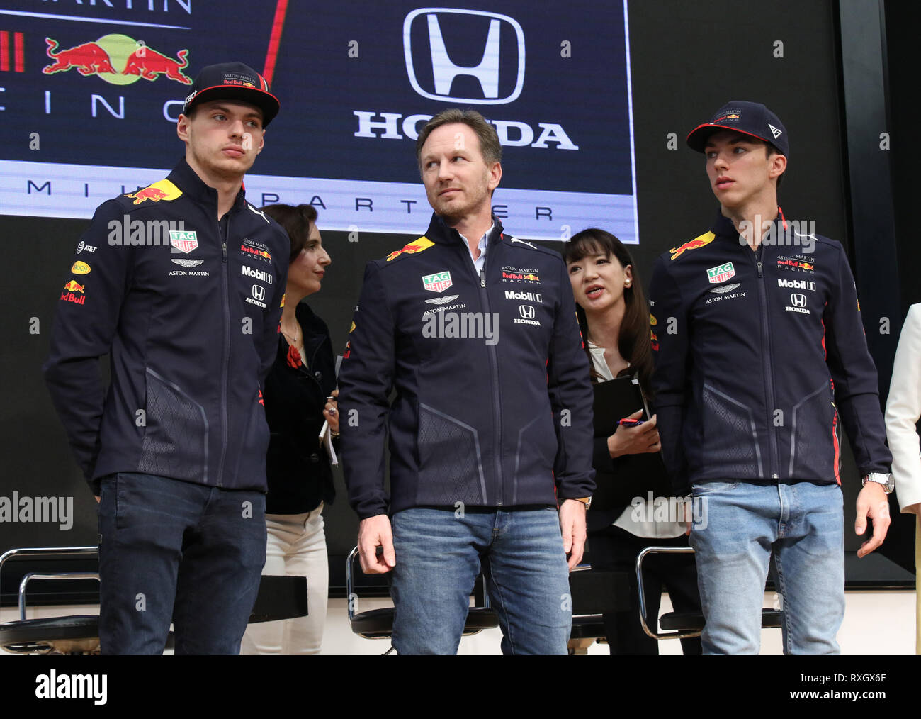 Tokyo, Japan. 9th Mar, 2019. Red Bull Racing leader Christian Horner (C)  and drivers Pierre Gasly (L) and Max Verstappen (R) hold a press conference  of Honda powered F1 teams at the