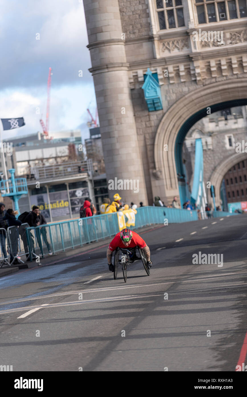 David Weir racing in the Vitality Big Half half marathon crossing Tower Bridge, London, UK. Stock Photo