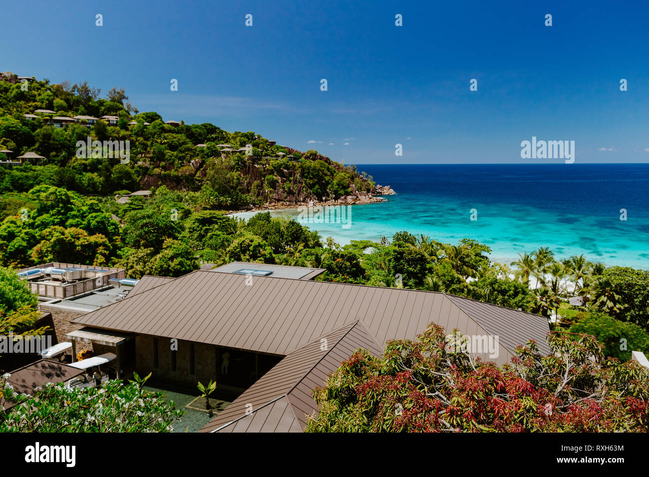 beach resort sea view. Luxury travelling. Seychelles, Mahe Stock Photo