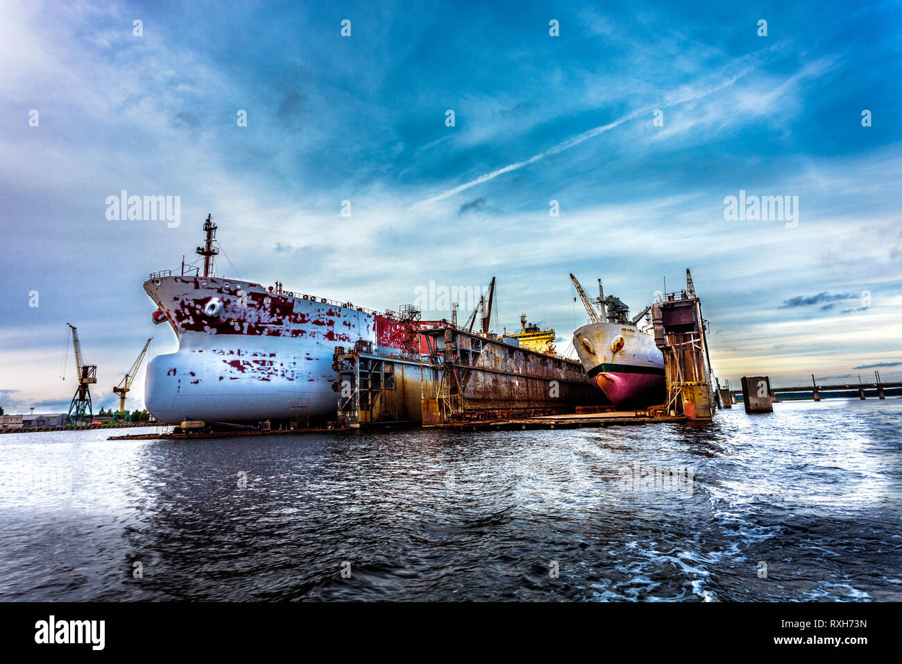 Two large ships in dry repair dock Stock Photo