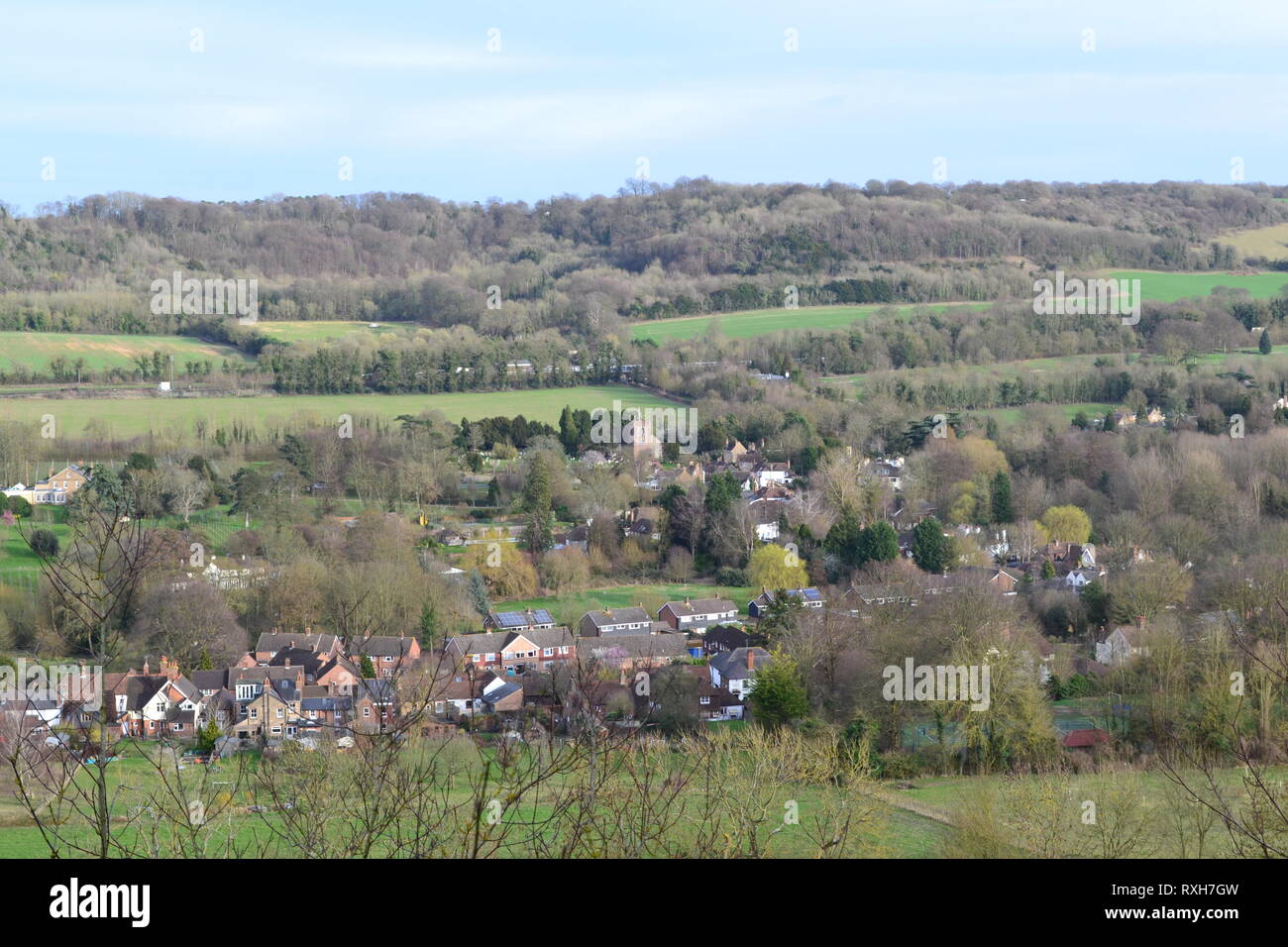 Shoreham village, Kent, seen from western Darent Valley wall from footpath. In the centre is the medieval church. Early spring 2019 Stock Photo