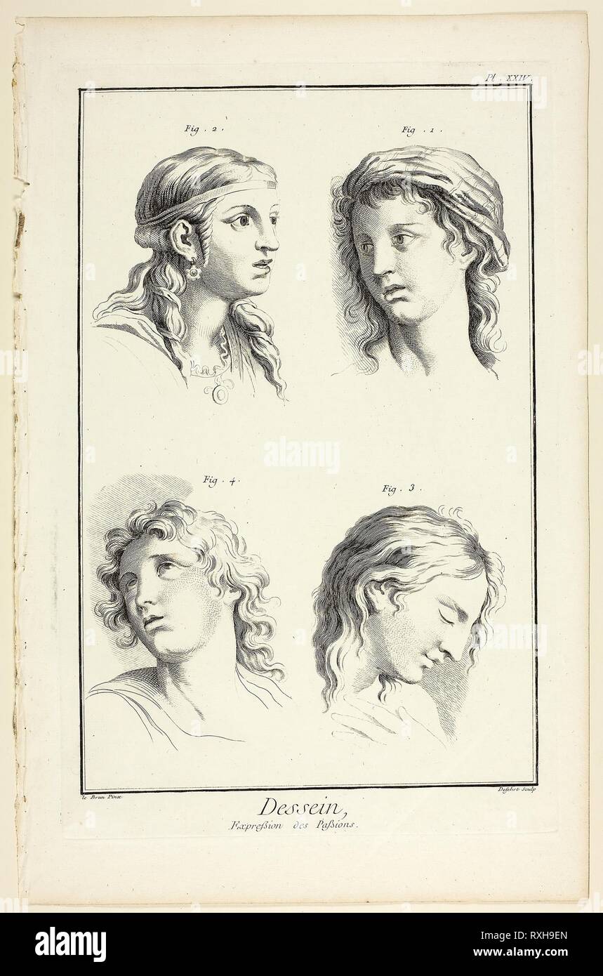 Drawing: Expressions of Emotion (Wonder, Love, Veneration, Rapture), from Encyclopédie. A. J. Defehrt (French, active 18th century); after Charles le Brun (French, active 17th century-1765); published by André le Breton (French, 1708-1779), Michel-Antoine David (French, c. 1707-1769), Laurent Durand (French, 1712-1763), and Antoine-Claude Briasson (French, 1700-1775). Date: 1762-1777. Dimensions: 315 × 206 mm (image); 350 × 225 mm (plate); 400 × 260 mm (sheet). Etching with engraving on cream laid paper. Origin: France. Museum: The Chicago Art Institute. Stock Photo