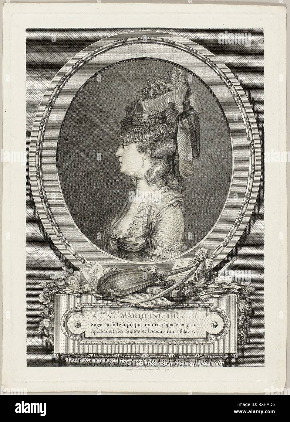 Adrienne-Sophie, Marquise of ***. Augustin de Saint-Aubin; French, 1736-1807. Date: 1779. Dimensions: 260 × 183 mm (image); 284 × 205 mm (plate); 300 × 218 mm (sheet). Etching and engraving in black on ivory laid paper. Origin: France. Museum: The Chicago Art Institute. Stock Photo